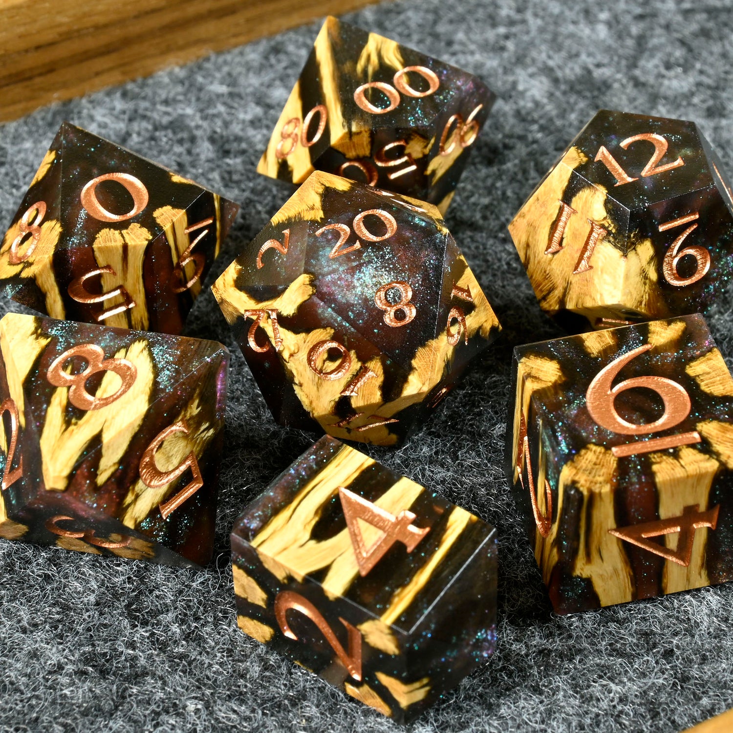 Hybrid wood and resin dice set for dnd ttrpg