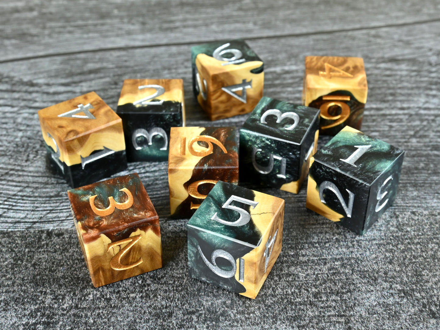 9d6 dice set made from brown mallee burl wood and resin for D&D ttrpg