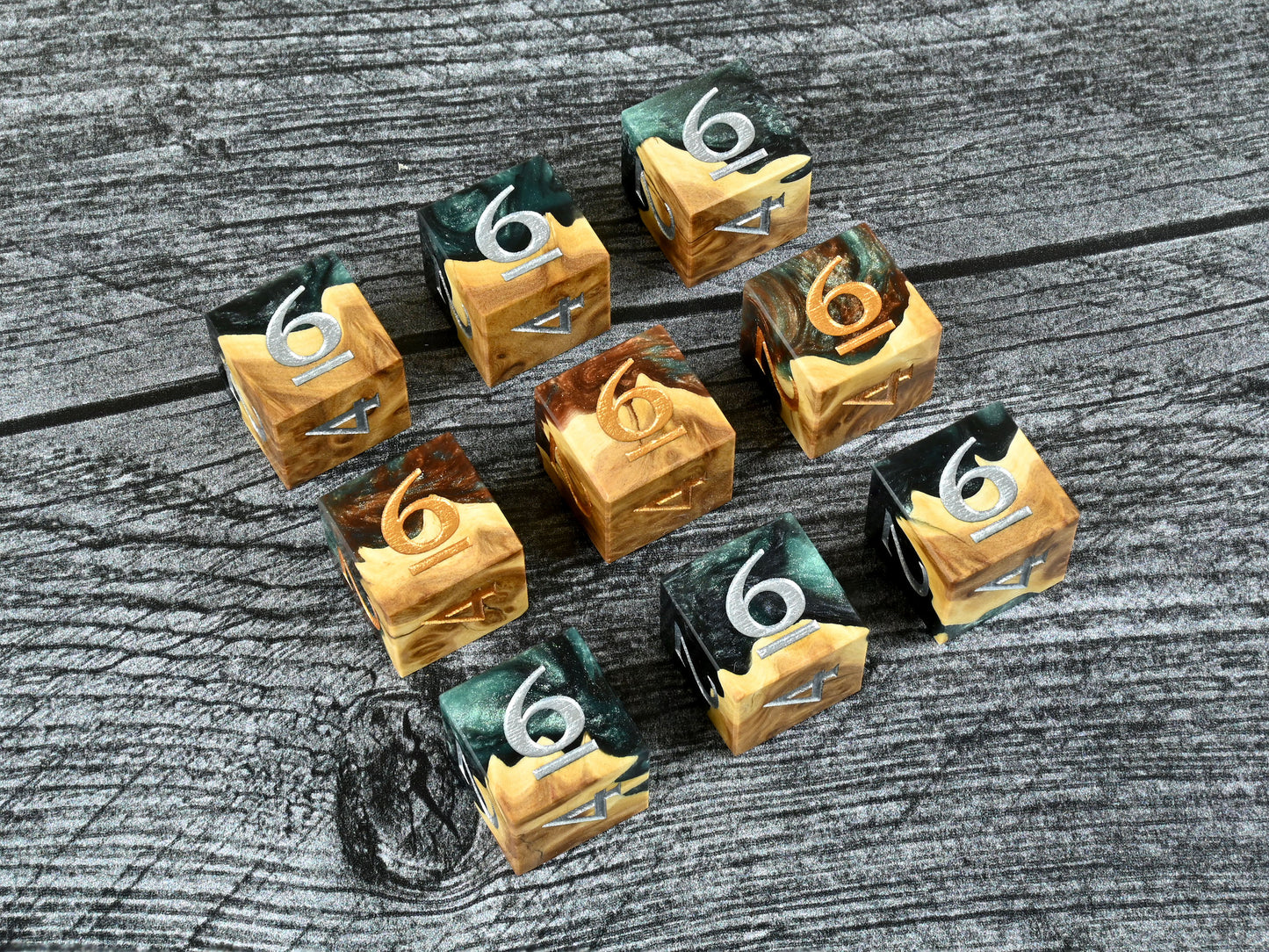 9d6 dice set made from brown mallee burl wood and resin for D&D ttrpg
