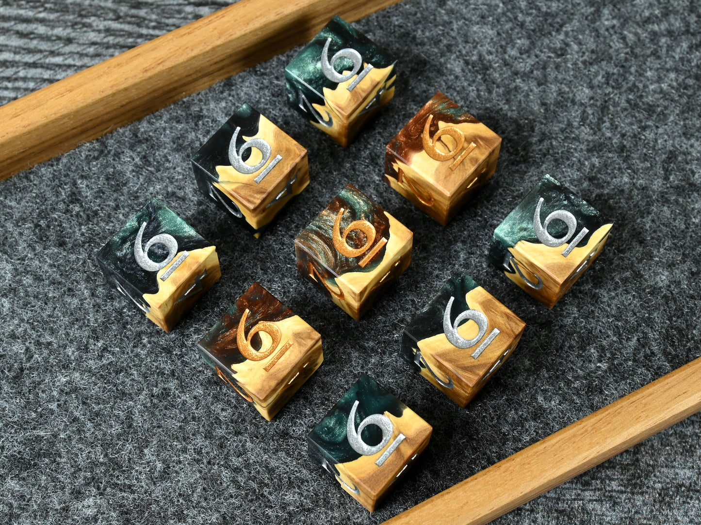 9d6 dice set made from brown mallee burl wood and resin for D&D ttrpg