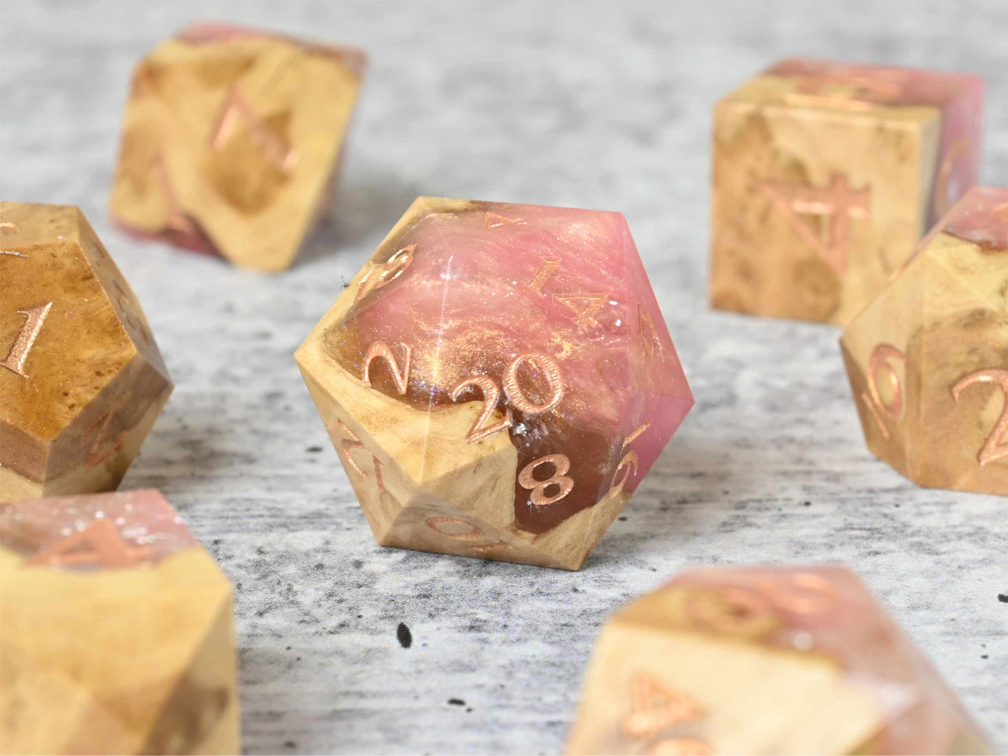 Alpenglow brown mallee burl dice set for dnd ttrpg