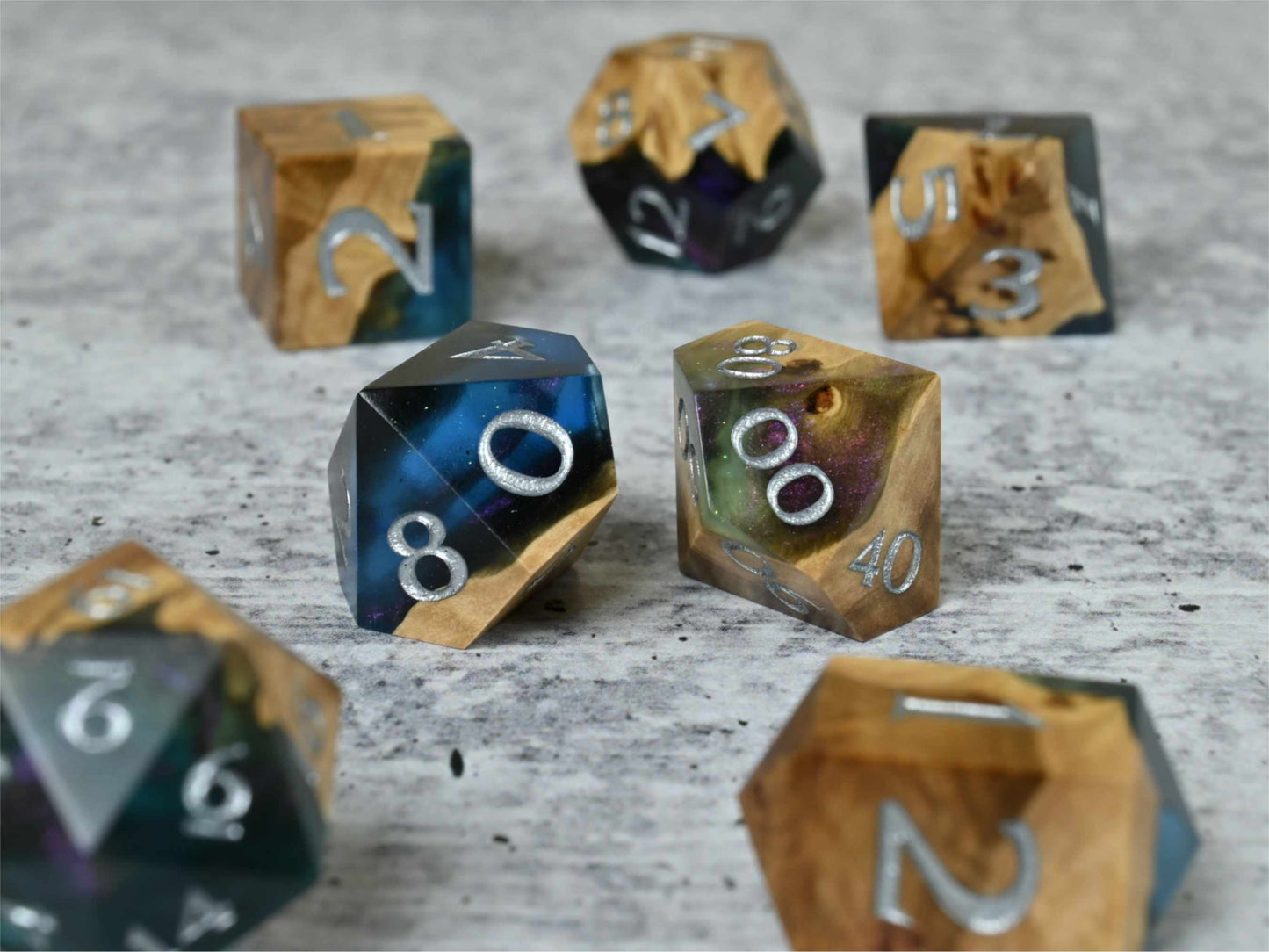 Anthias Reef - Corrugata Burl Hybrid wood and resin Dice Set for dnd ttrpg