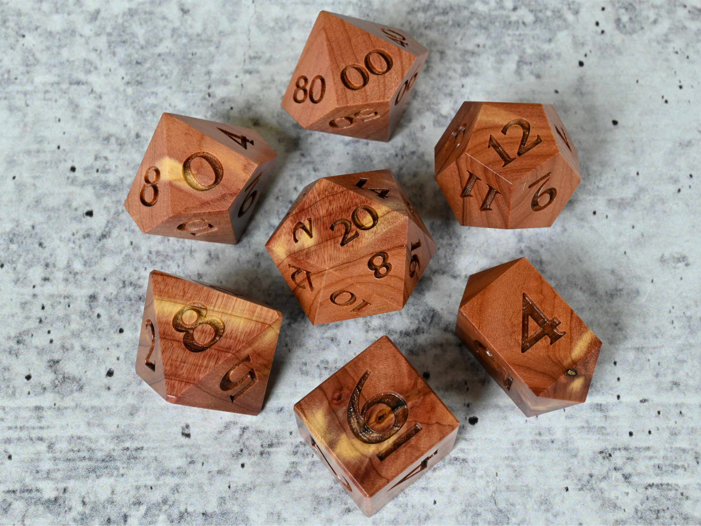 Aromatic Cedar wood dice set for dnd ttrpg