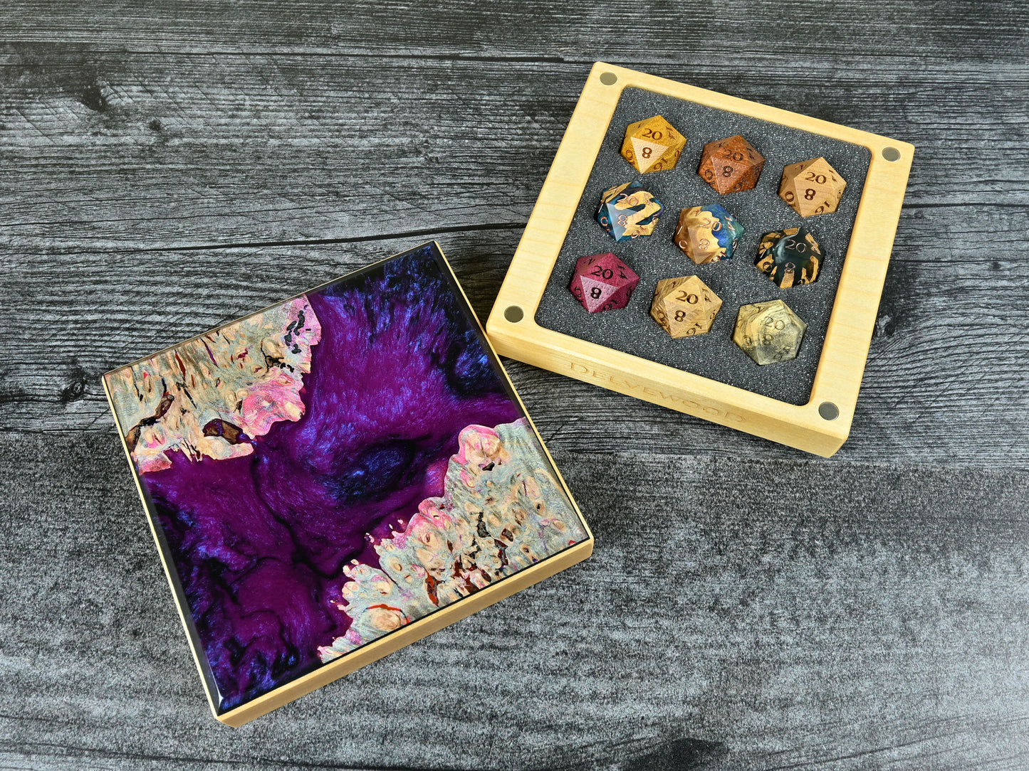 This Little Delver Dice Box features a birch wood core and a maple burl top veneer with black and fuchsia resin. D&D ttrpg.