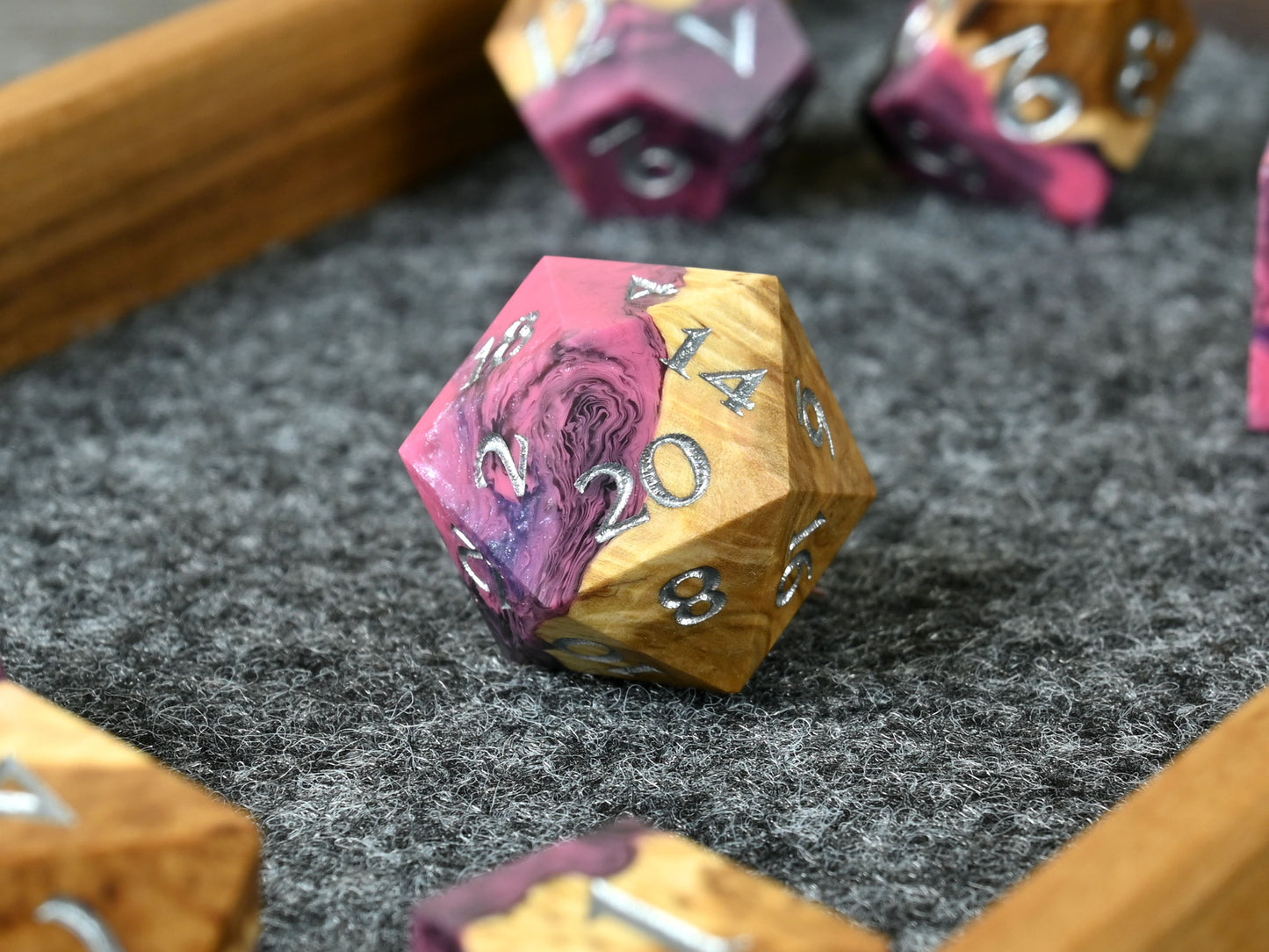 Sirens Invocation brown mallee wood and resin hybrid dice set for D&D ttrpg.