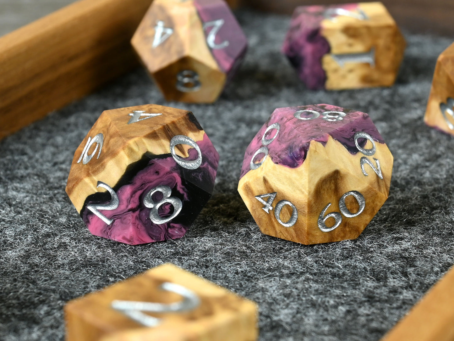 Sirens Invocation brown mallee wood and resin hybrid dice set for D&D ttrpg.