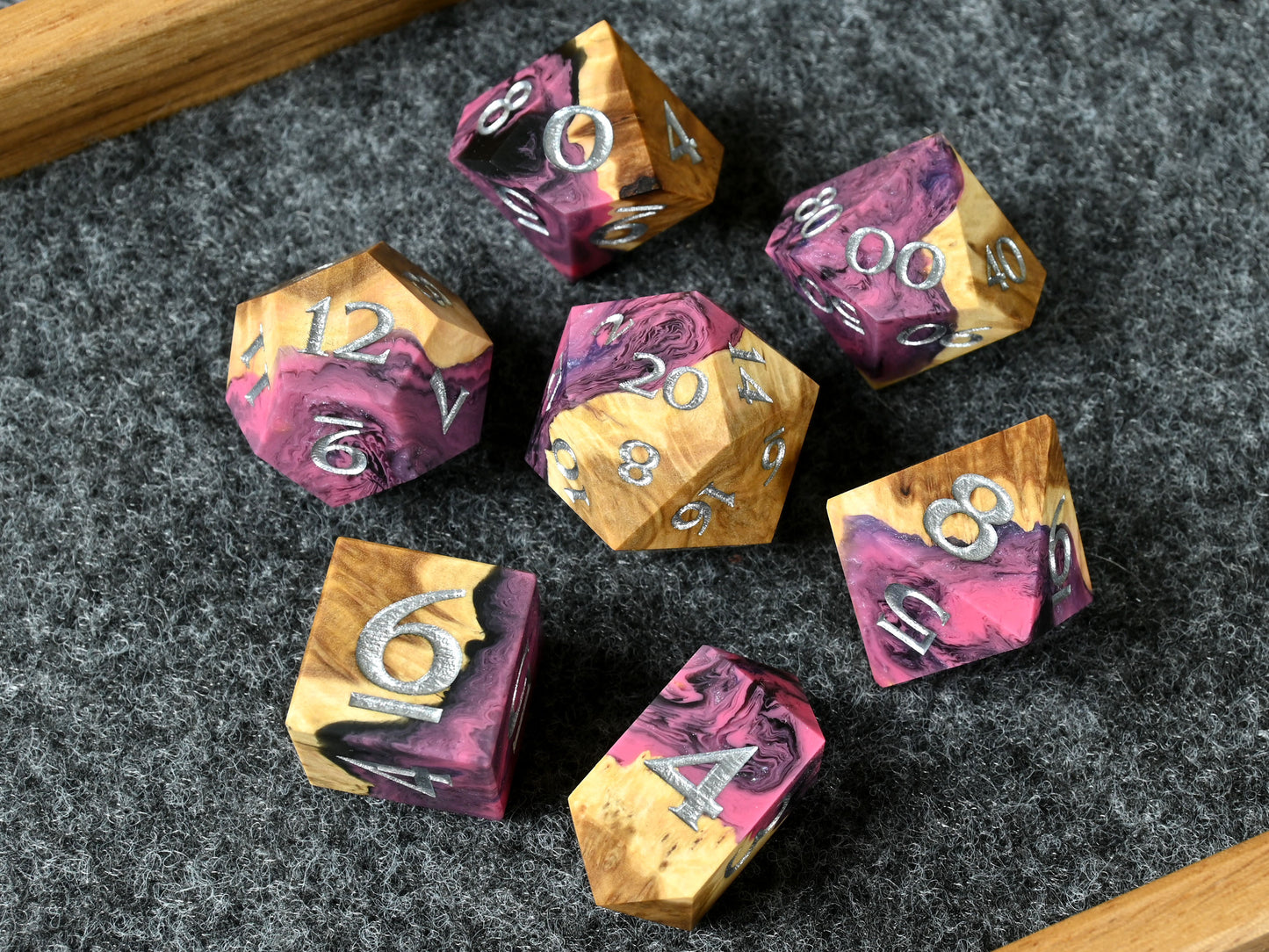 Sirens Invocation brown mallee wood and resin hybrid dice set for D&D ttrpg.