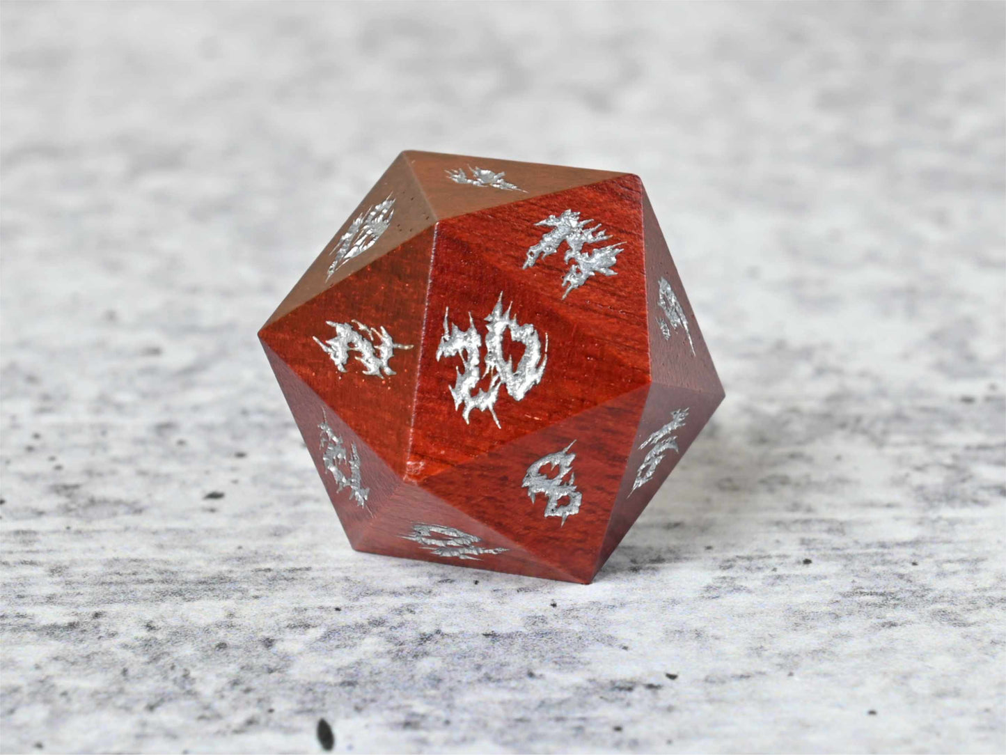 Bloodwood D20 Dice with silver numbers for dnd ttrpg
