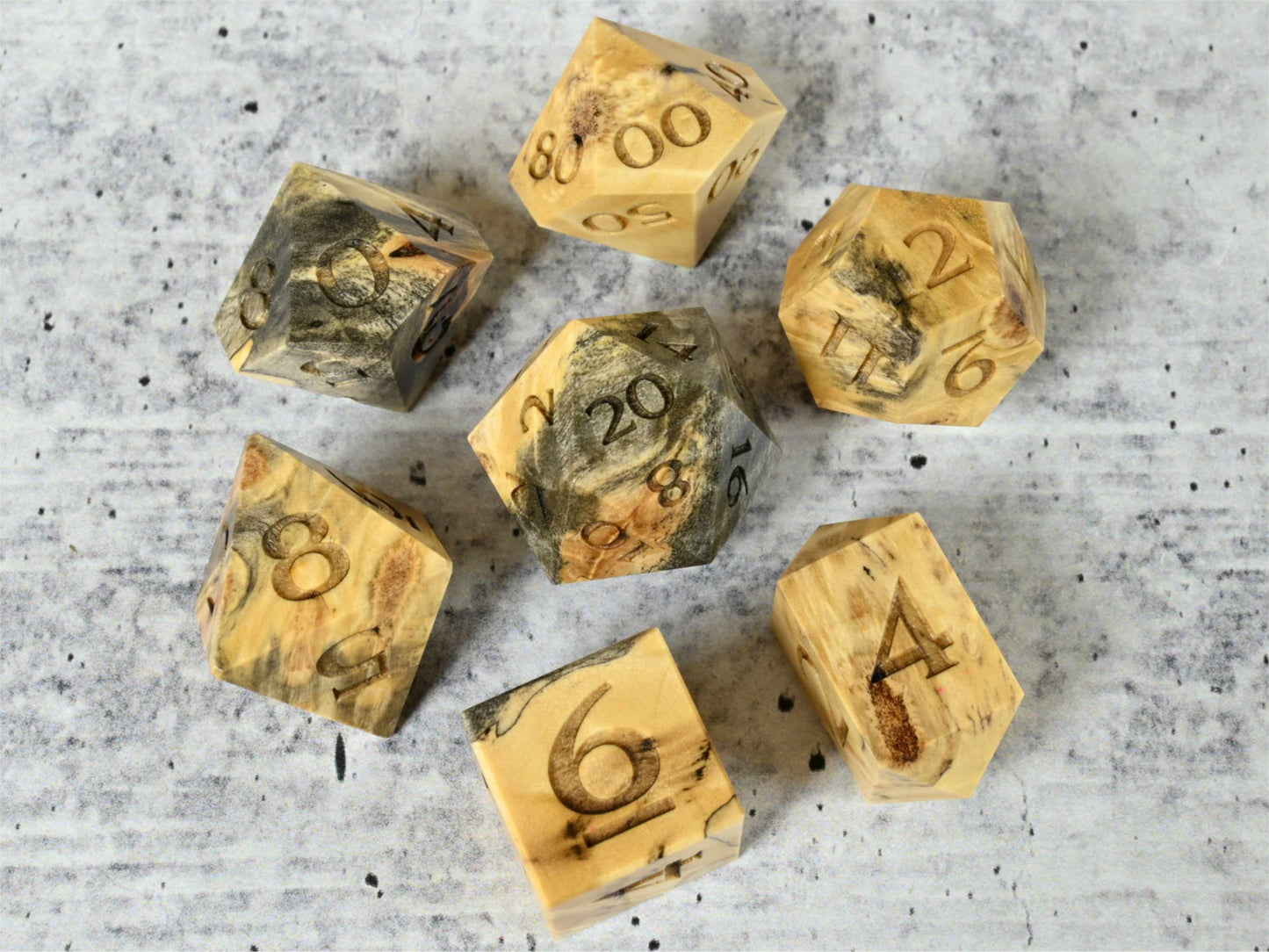 Buckeye Burl wood dice set for dnd ttrpg