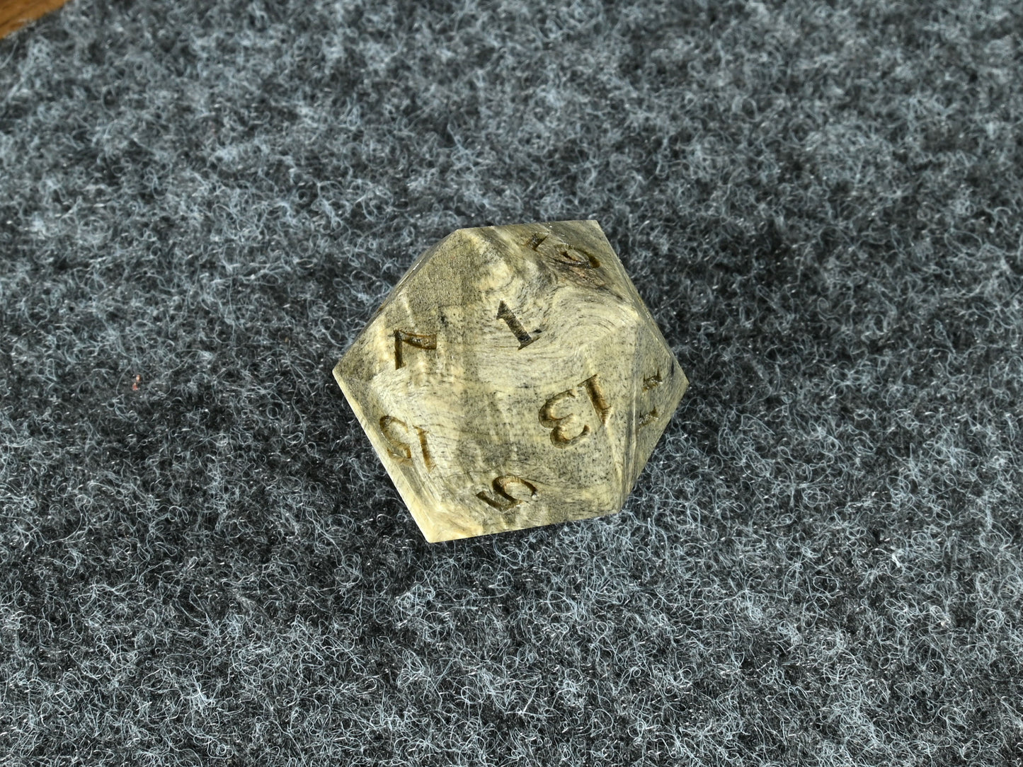 Buckeye burl wood d20 for dnd rpg