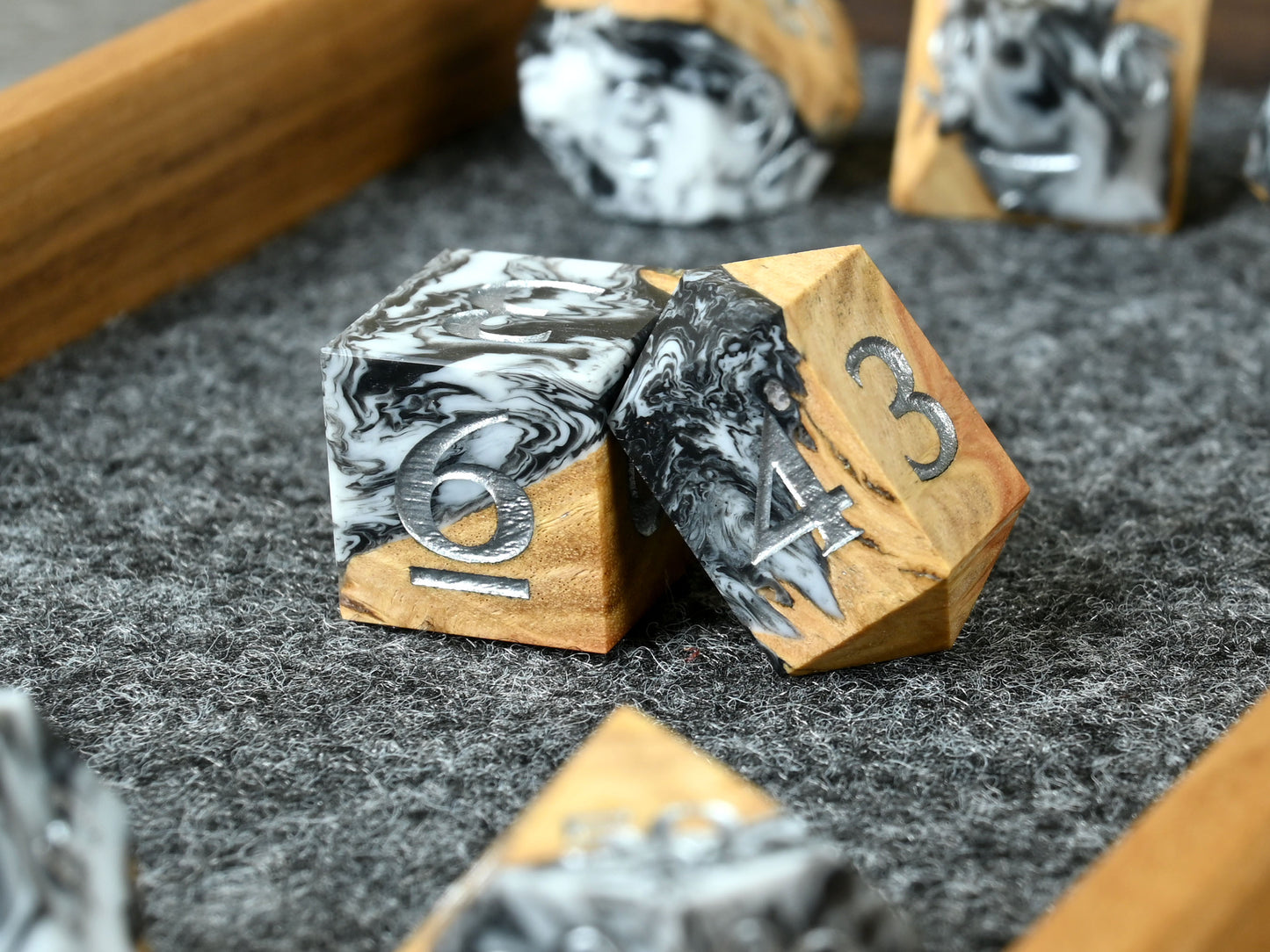 Shadowstuff Coolibah wood and resin hybrid dice set for D&D ttrpg.