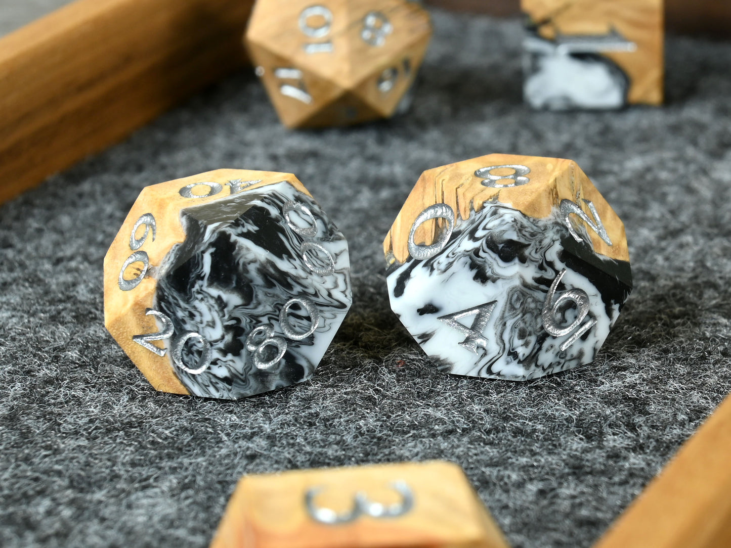 Shadowstuff Coolibah wood and resin hybrid dice set for D&D ttrpg.