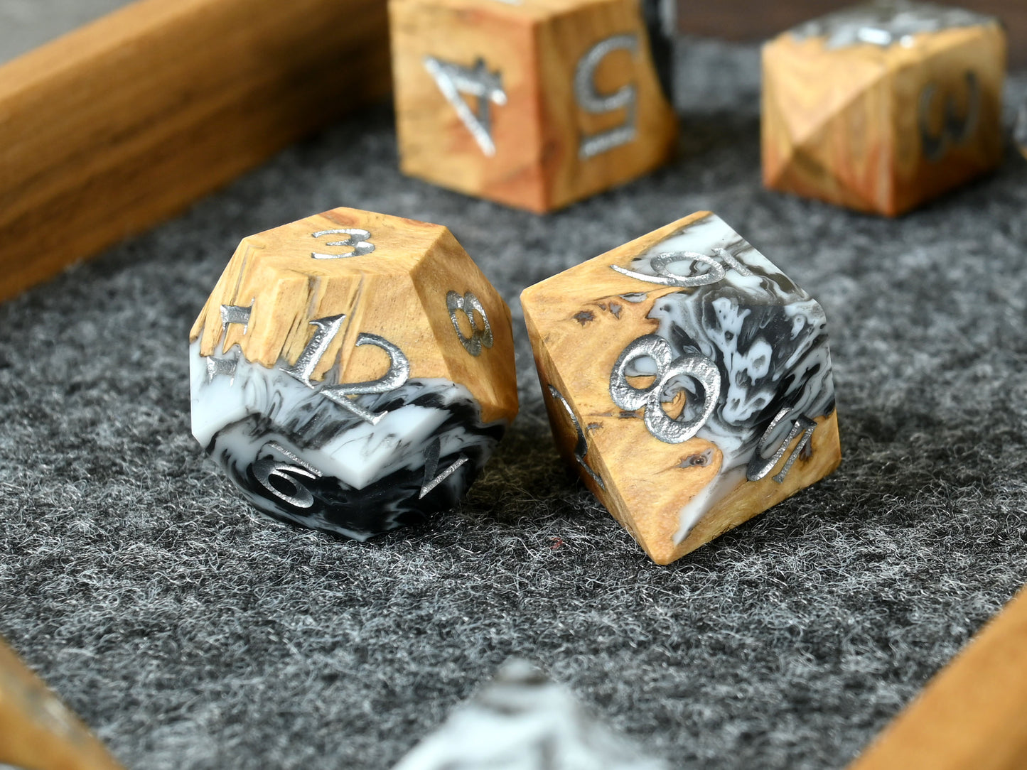 Shadowstuff Coolibah wood and resin hybrid dice set for D&D ttrpg.