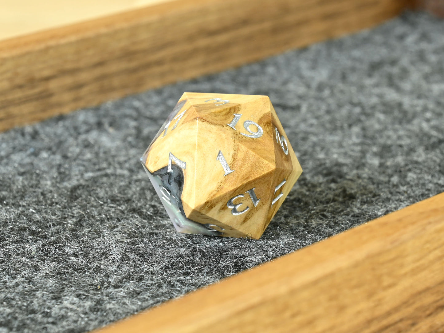 Abalone brown mallee burl wood and resin d20 dice dnd ttrpg