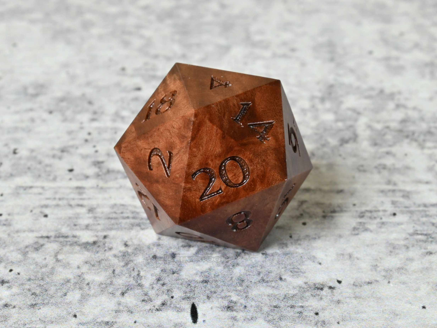 Red Mallee Burl wood d20 dice for dnd ttrpg