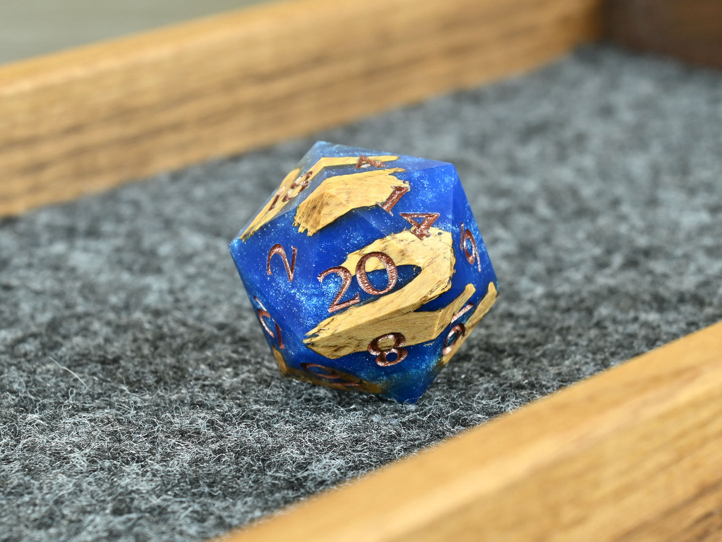 Sapphire sky cholla wood d20 dice for D&D ttrpg