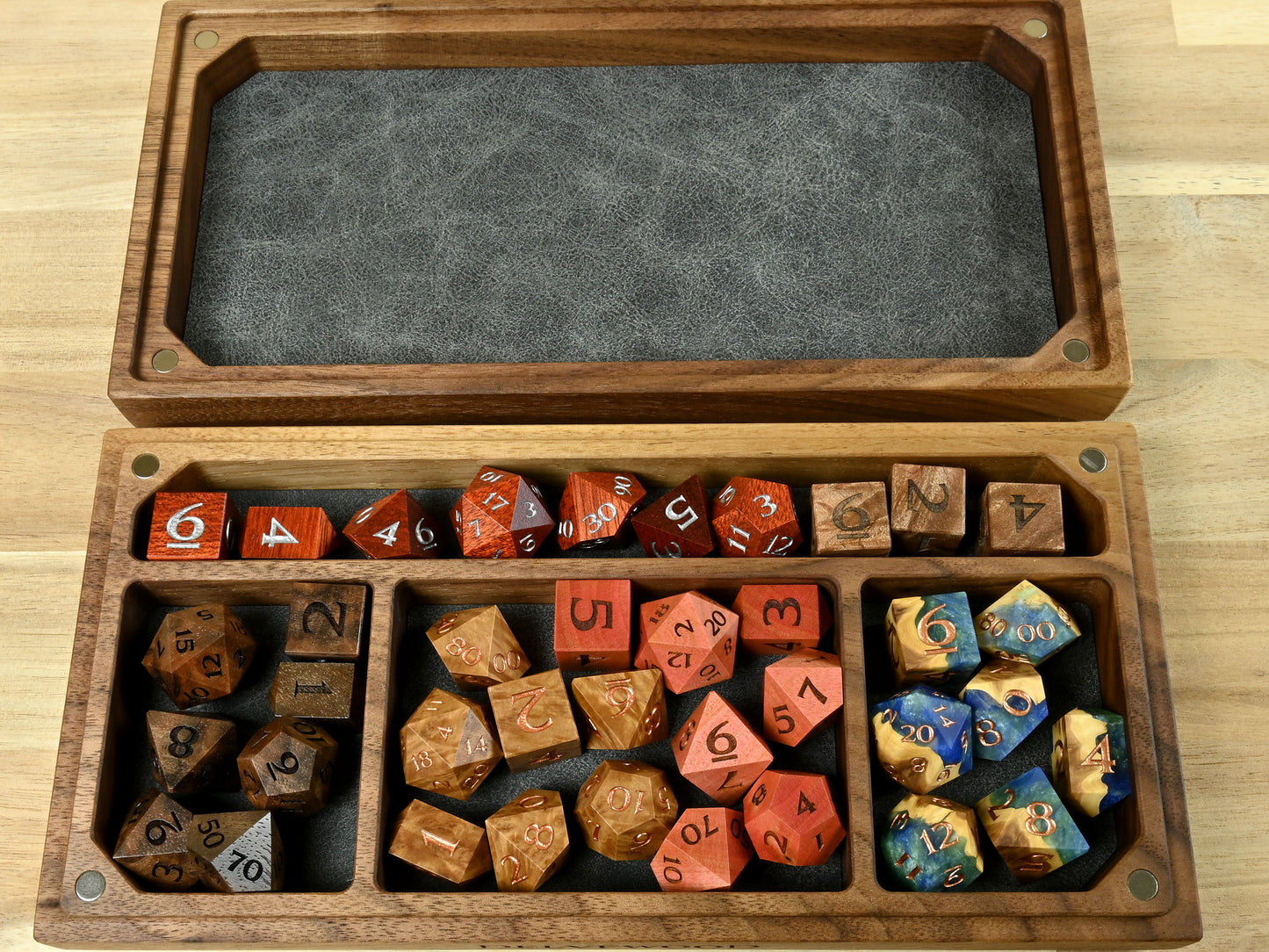 Interior view of Delver Dice Box and Tray for dnd rpg. shown with grey faux leather.