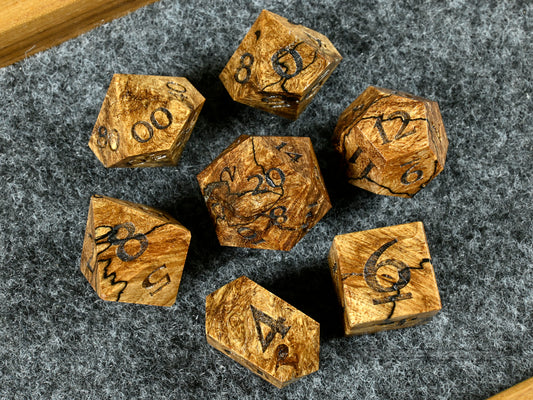 Spalted Maple burl wood dice set for dnd tttrpg