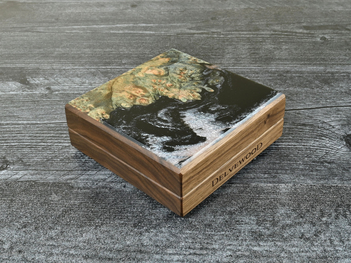 Walnut little delver dice box with green/blue maple burl top veneer and black / pearl white resin. D&D ttrpg.