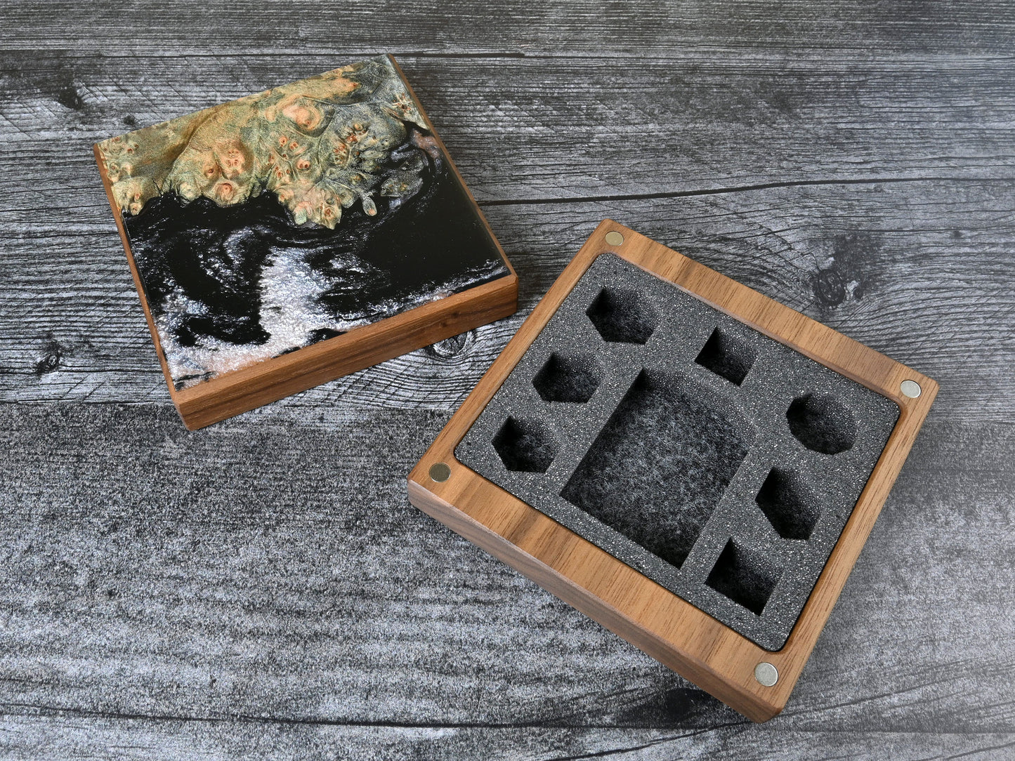 Walnut little delver dice box with green/blue maple burl top veneer and black / pearl white resin. D&D ttrpg.