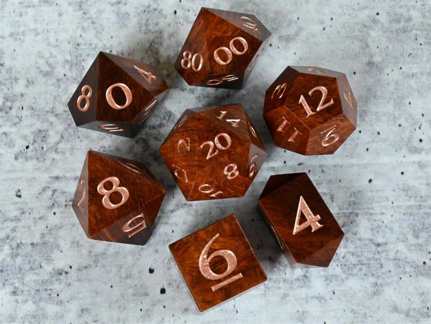 Lace Sheoak wood dice set with rose gold painted numbers for dnd ttrpg