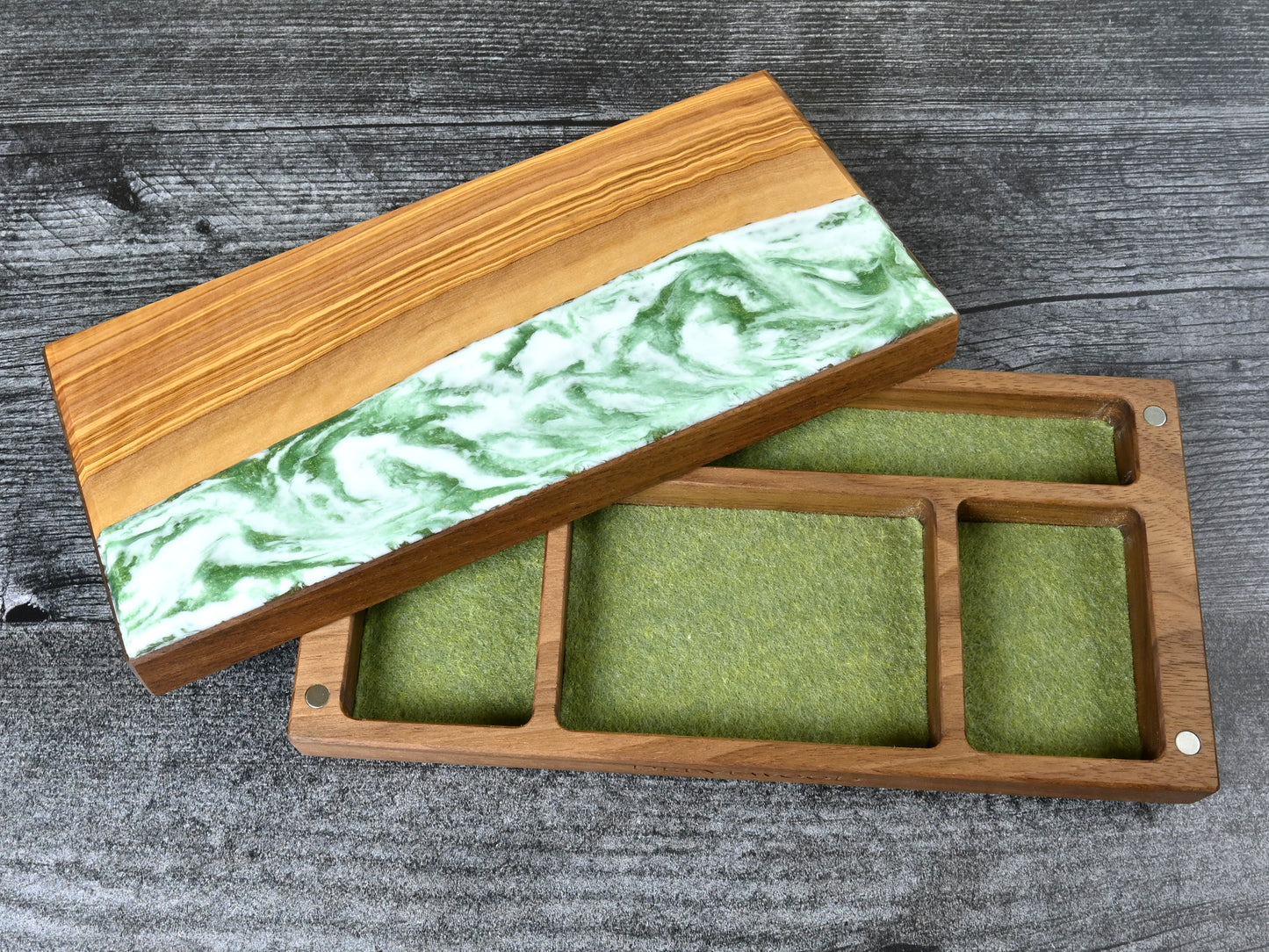 Misty forest olivewood and walnut Delver's kit dice box & tray for D&D ttrpg
