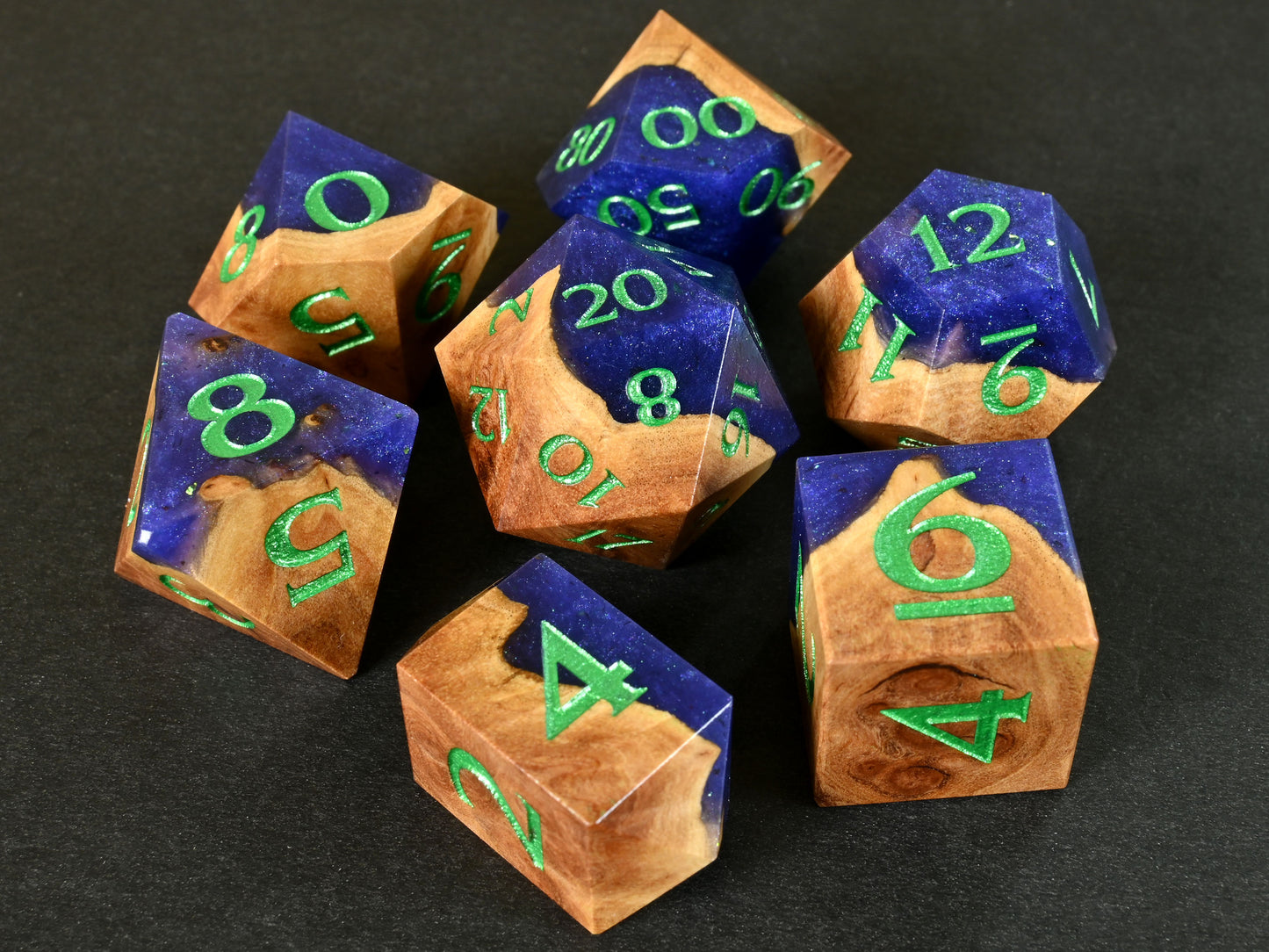 Diviner's Derivation Red Mallee burl wood and resin hybrid dice set for dnd ttrpg
