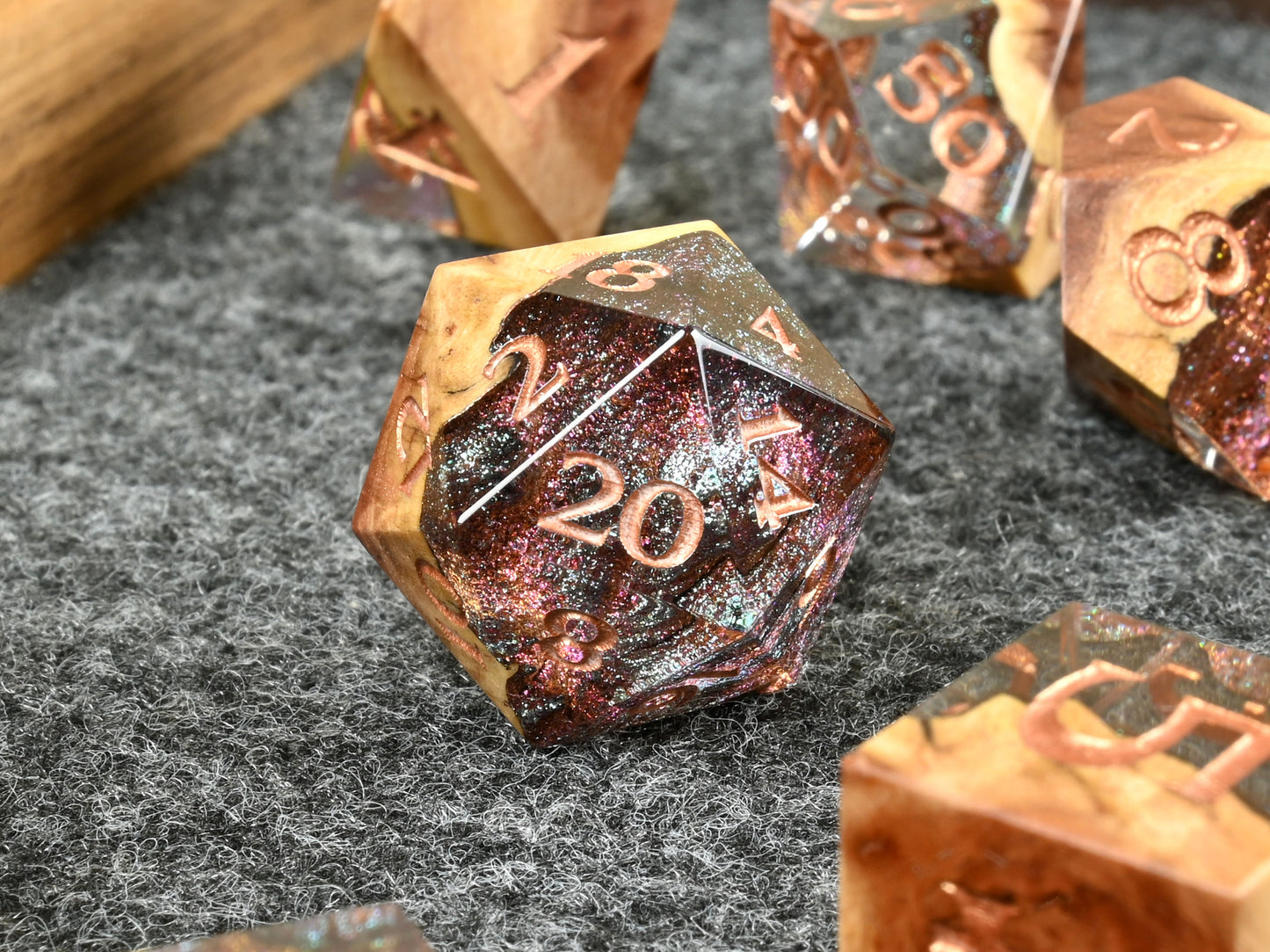 Red mallee burl hybrid wood and resin dice set for dnd rpg dungeons & dragons ttrpg