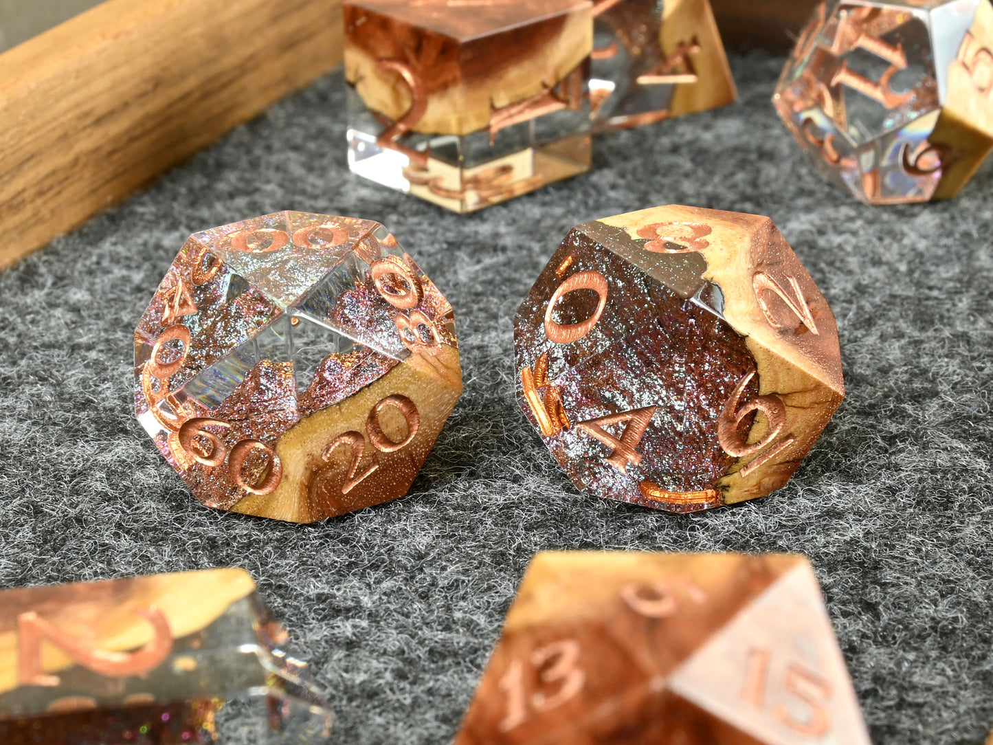 Red mallee burl hybrid wood and resin dice set for dnd rpg dungeons & dragons ttrpg