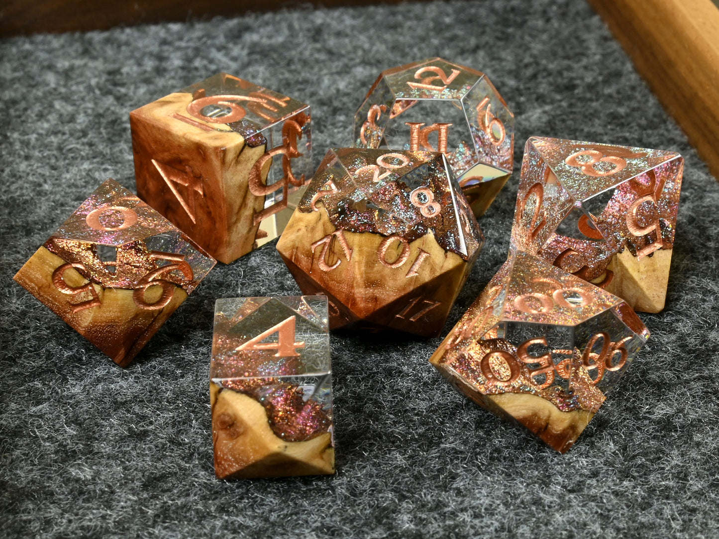 Red mallee burl hybrid wood and resin dice set for dnd rpg dungeons & dragons ttrpg
