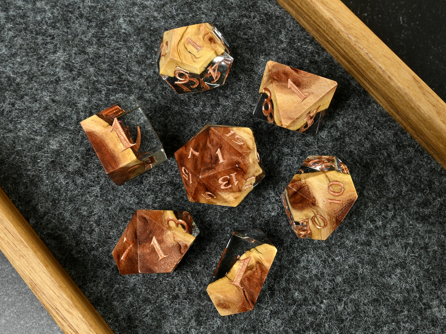 Red mallee burl hybrid wood and resin dice set for dnd rpg dungeons & dragons ttrpg