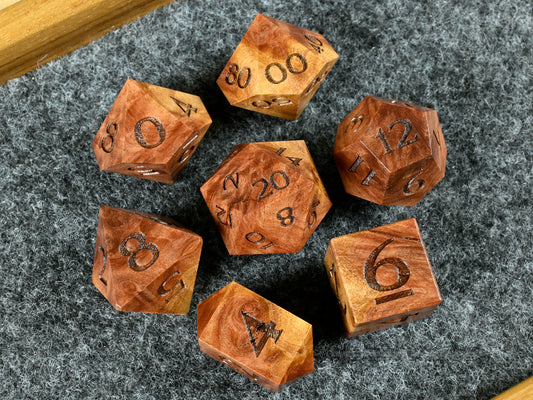 Red mallee burl wood dice set for dnd tttrpg