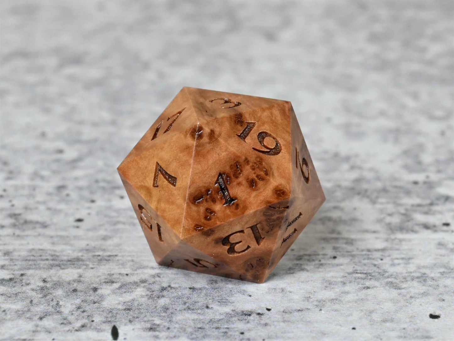 Vasticola burl wood d20 dice for dnd ttrpg