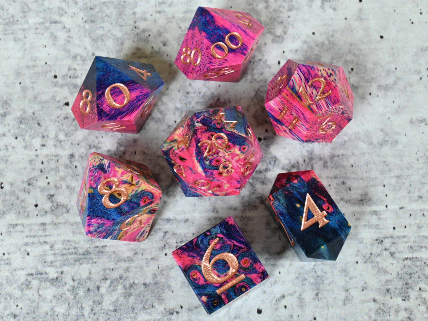 Pink and blue dye stabilized birch burl wood dice set for dnd ttrpg