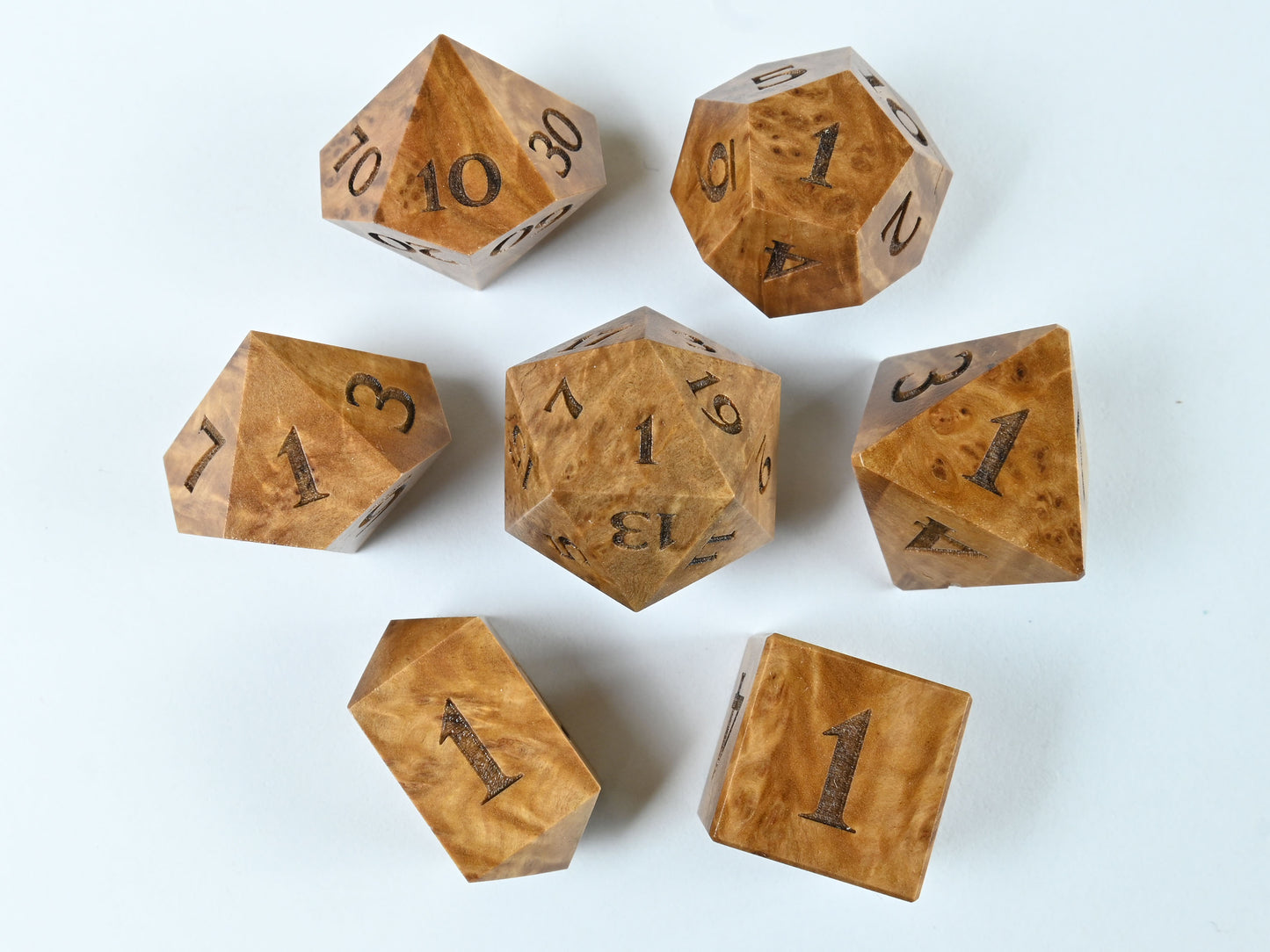 Brown Mallee burl wood dice set for dnd rpg