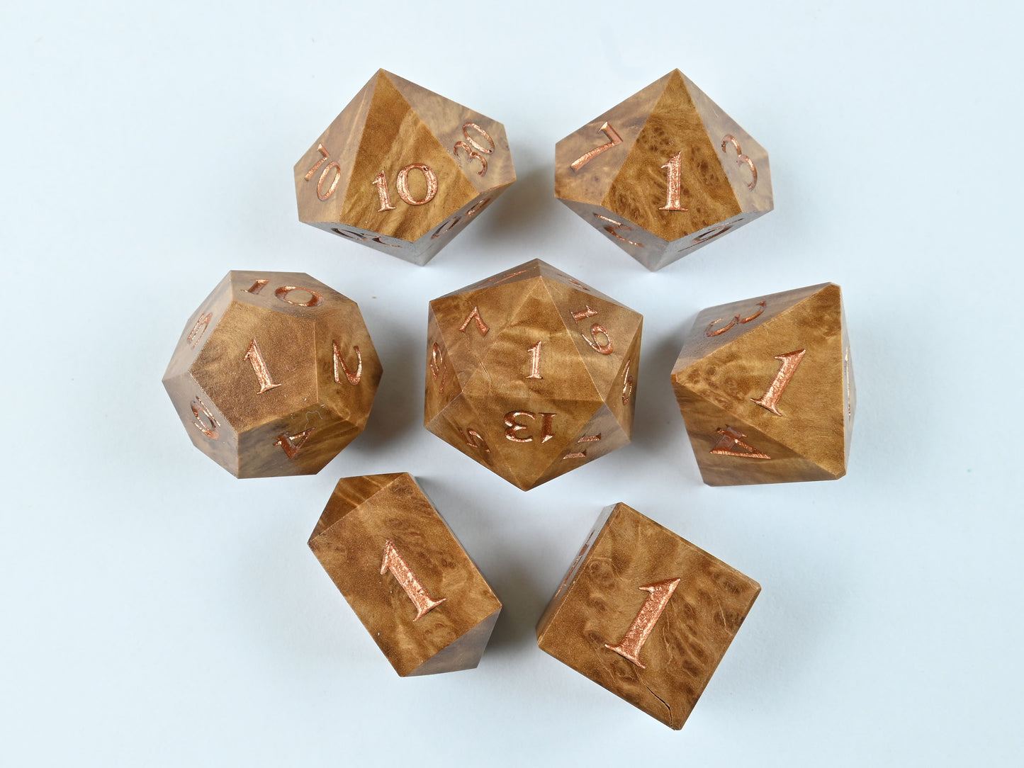 Brown Mallee burl wood dice set with bright bronze numbers for dnd rpg