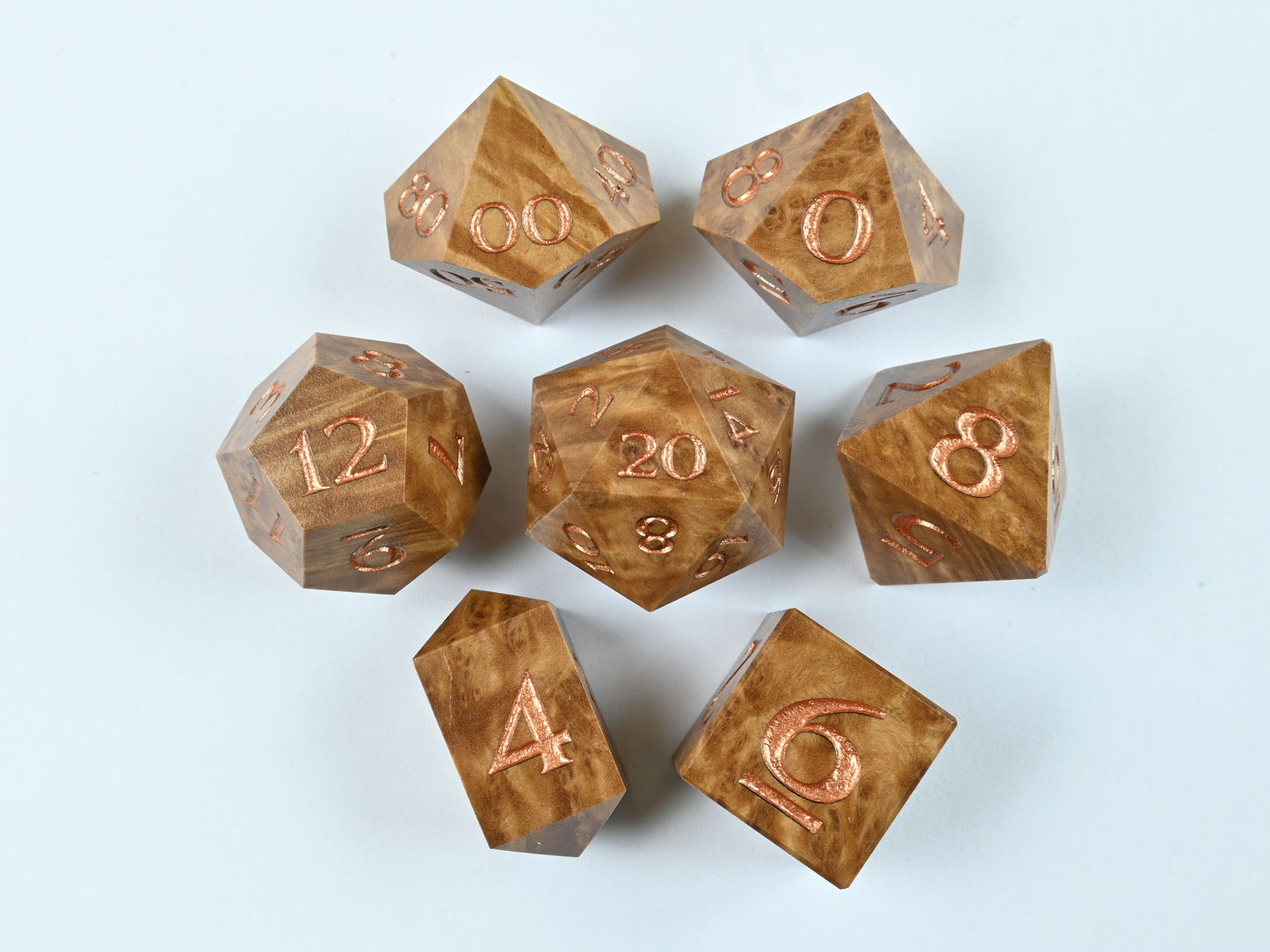 Brown Mallee burl wood dice set with bright bronze numbers for dnd rpg