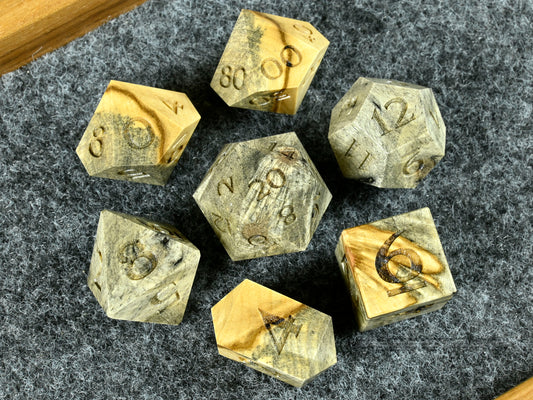 Buckeye burl wood dice set for dnd tttrpg