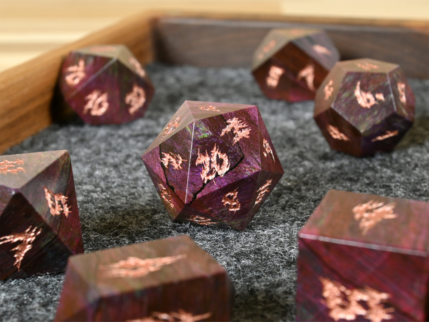 Noisy purple spalted maple burl dice set
