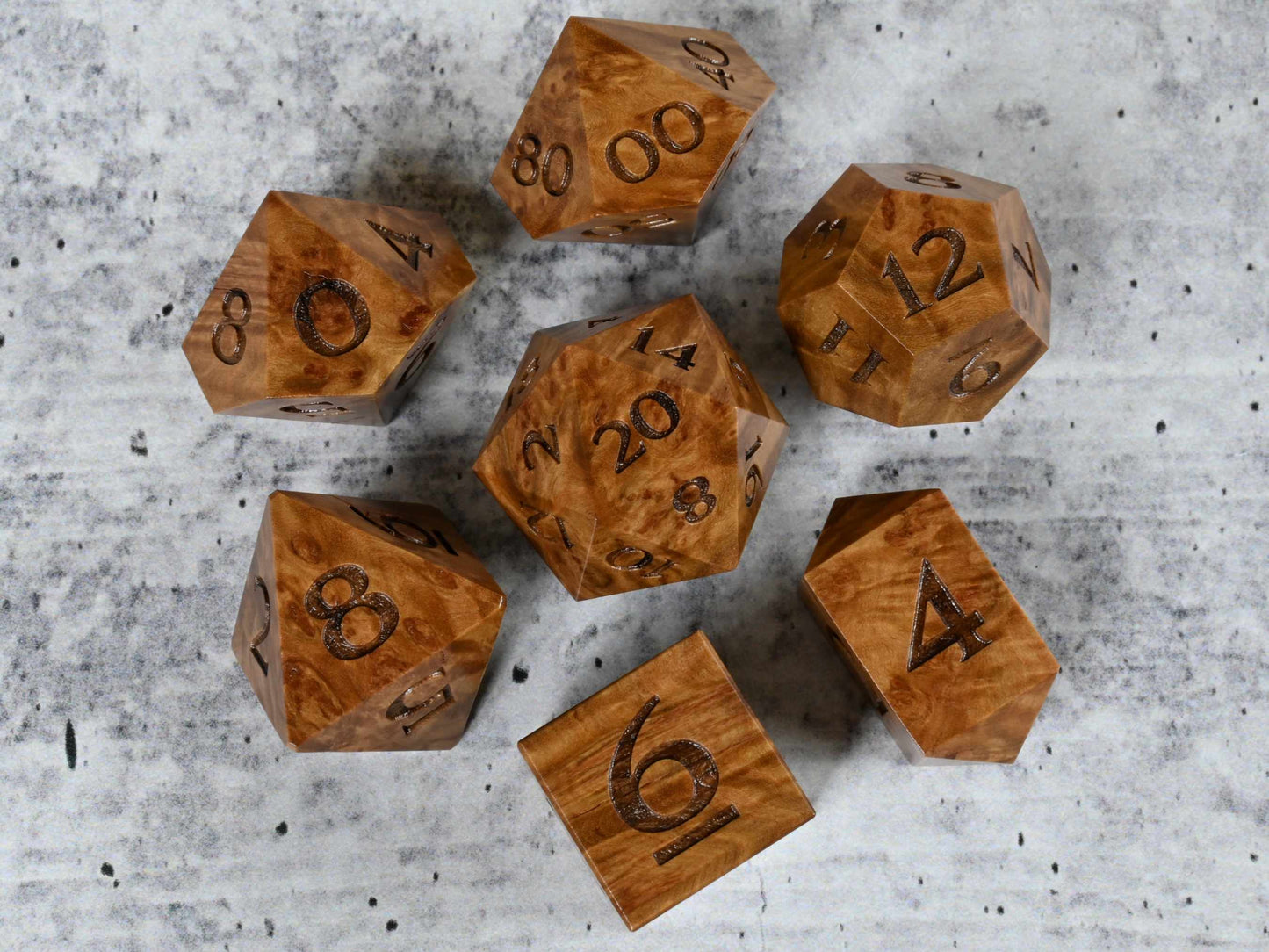 Corrugata Burl wood dice set for dnd ttrpg