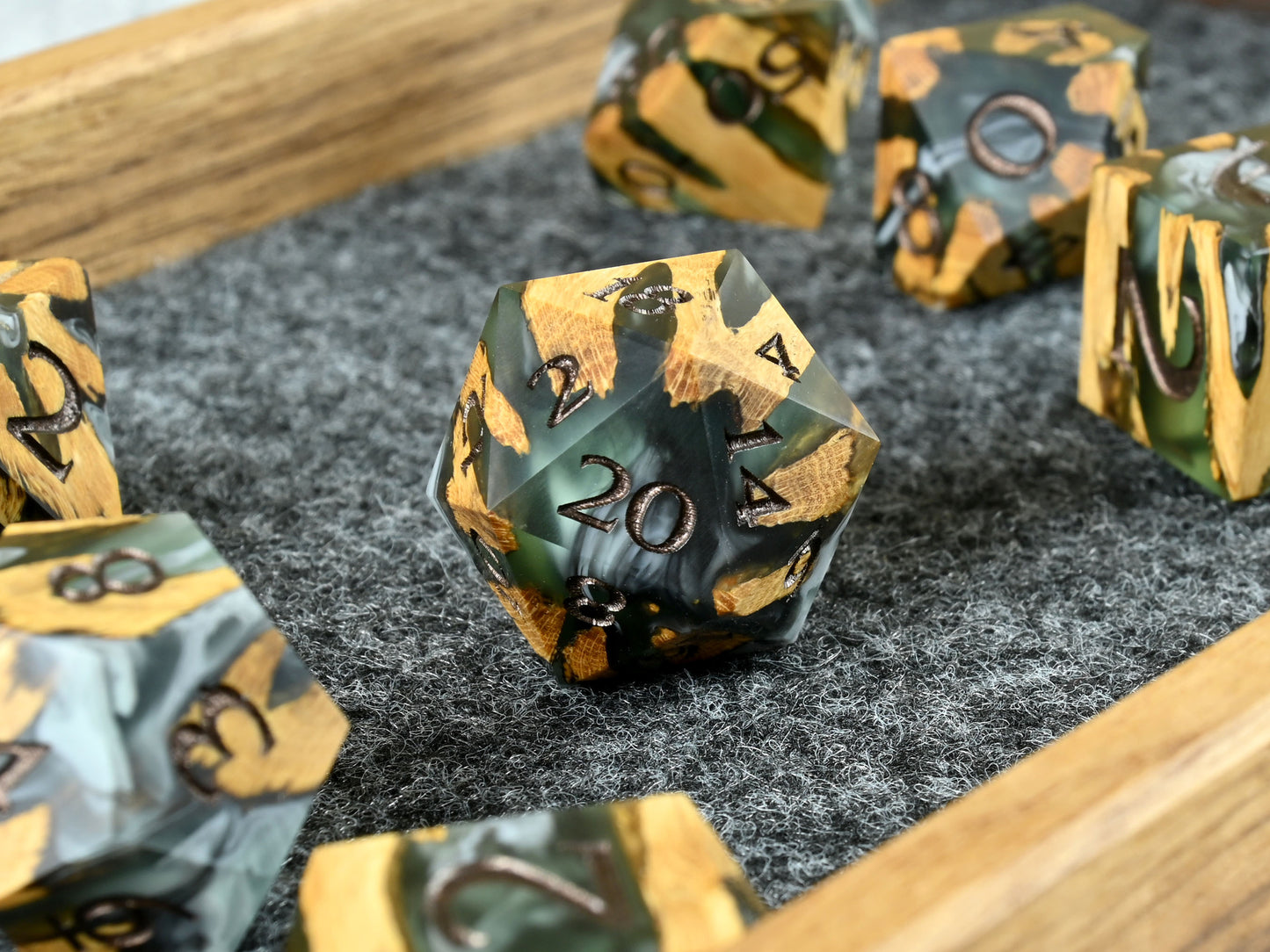 Creeping rot cholla wood and resin hybrid dice set for D&D ttrpg.
