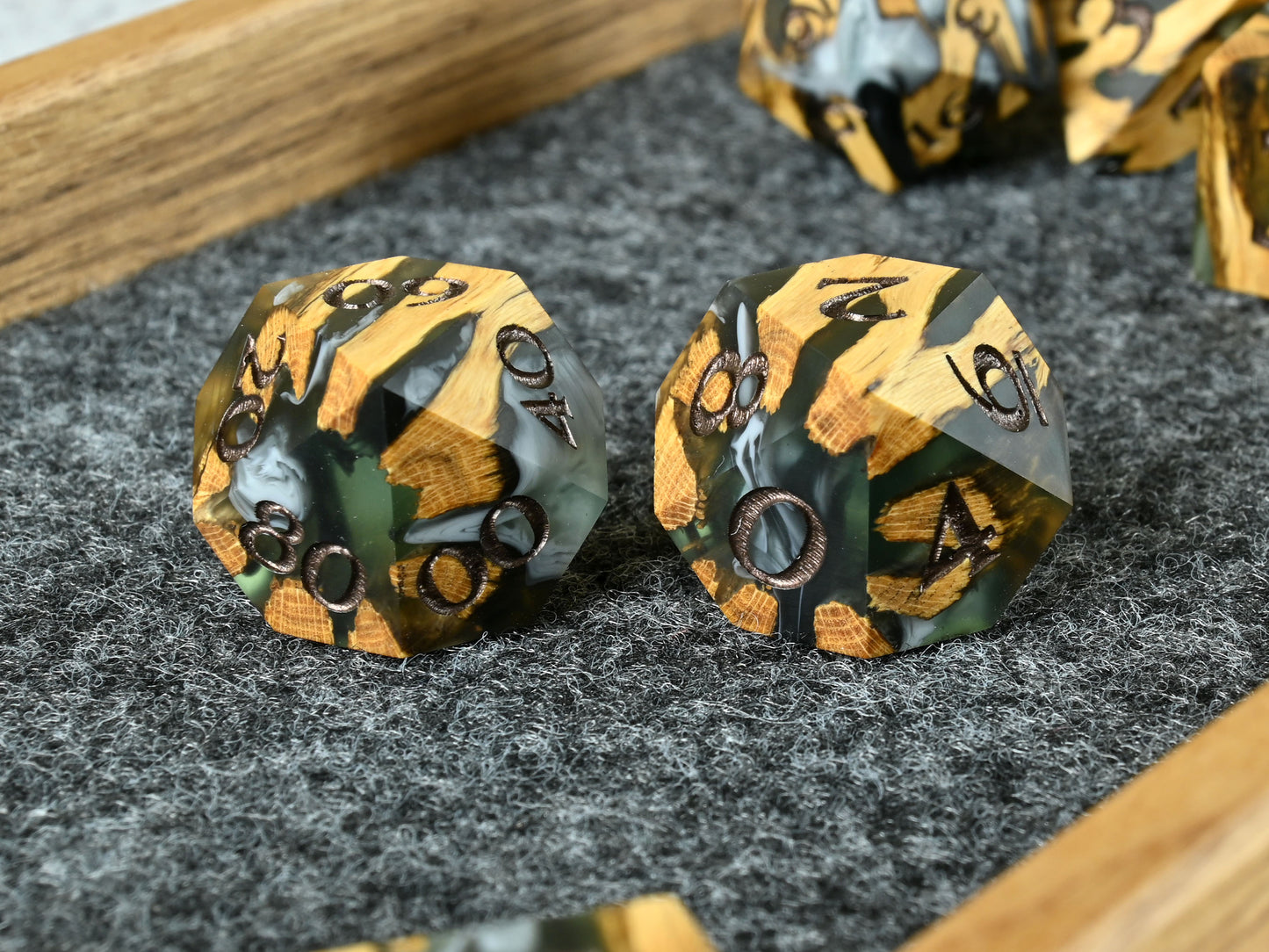 Creeping rot cholla wood and resin hybrid dice set for D&D ttrpg.