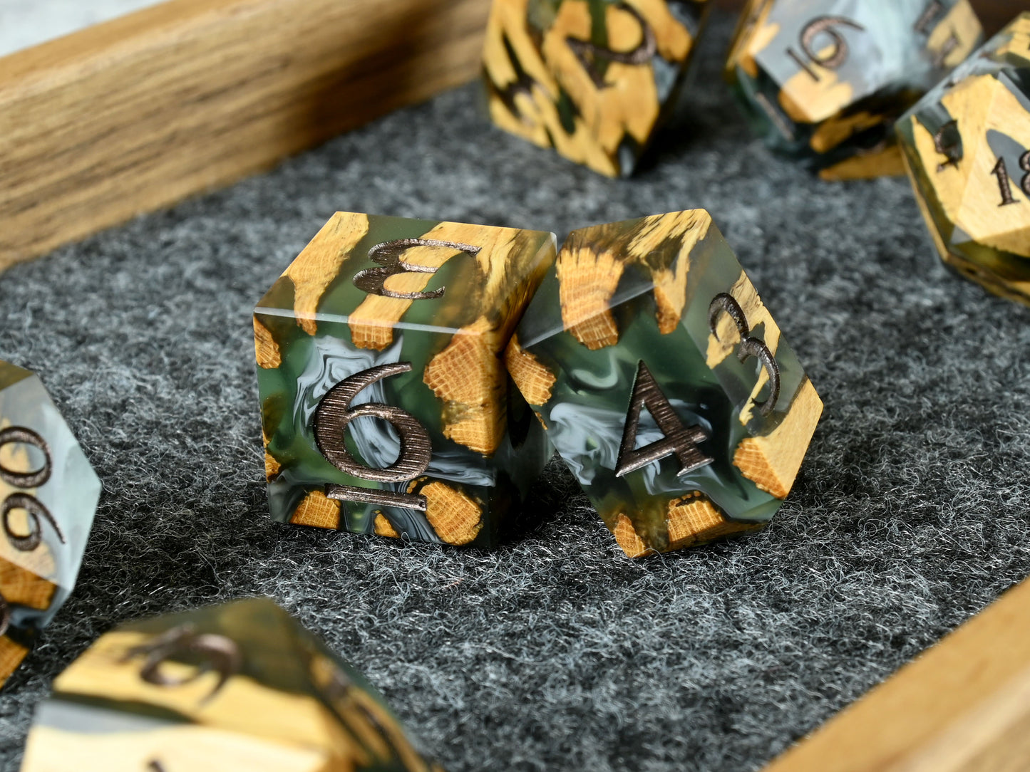 Creeping rot cholla wood and resin hybrid dice set for D&D ttrpg.