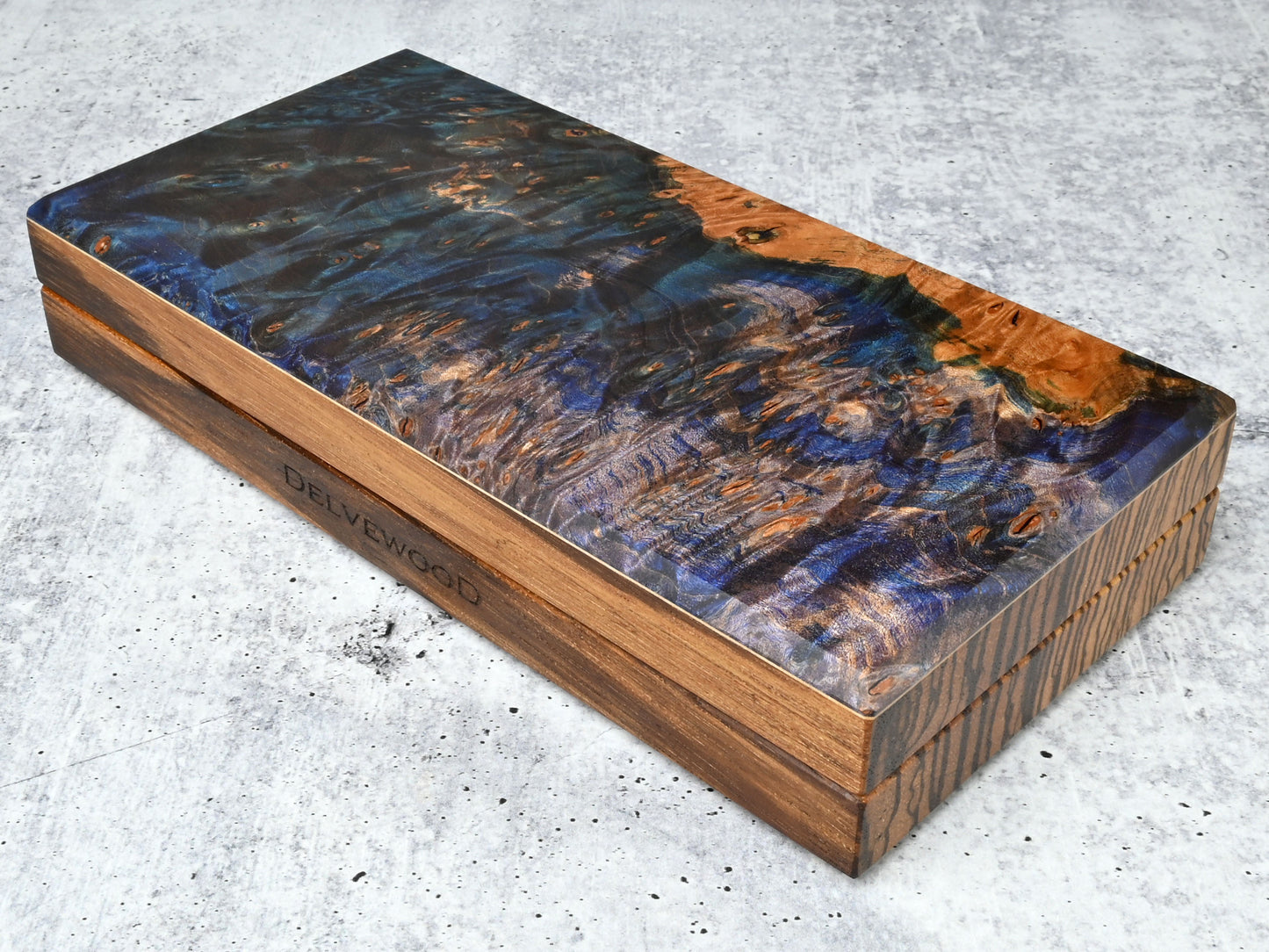 Delver's Kit Dice Box featuring a zebrawood core with a blue and purple dye stabilized maple burl top and maple accent.