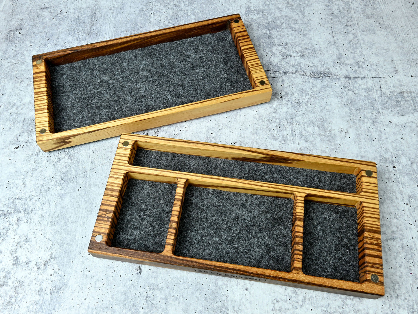Delver's Kit Dice Box featuring a zebrawood core with a blue and purple dye stabilized maple burl top and maple accent.