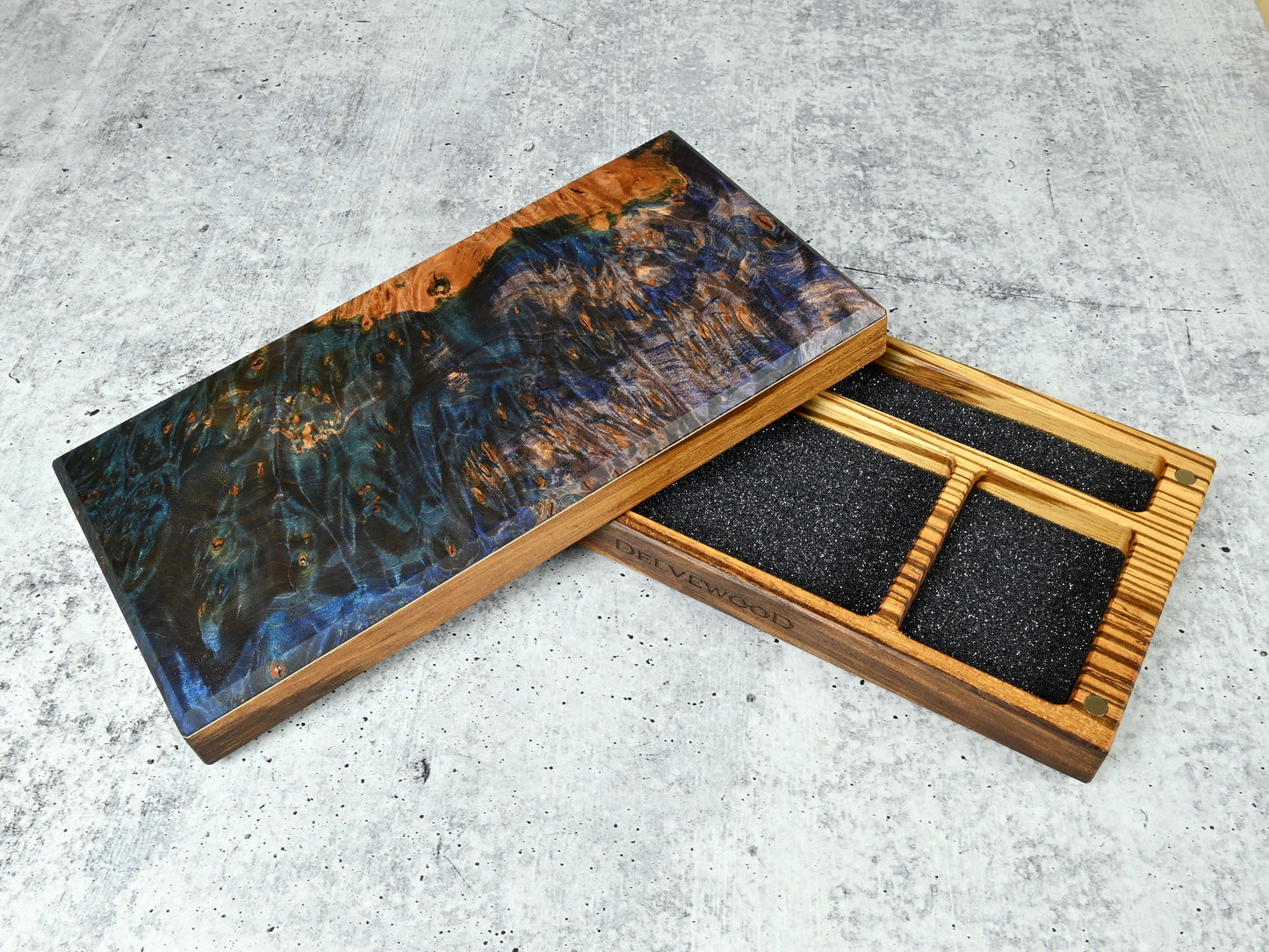 Delver's Kit Dice Box featuring a zebrawood core with a blue and purple dye stabilized maple burl top and maple accent.