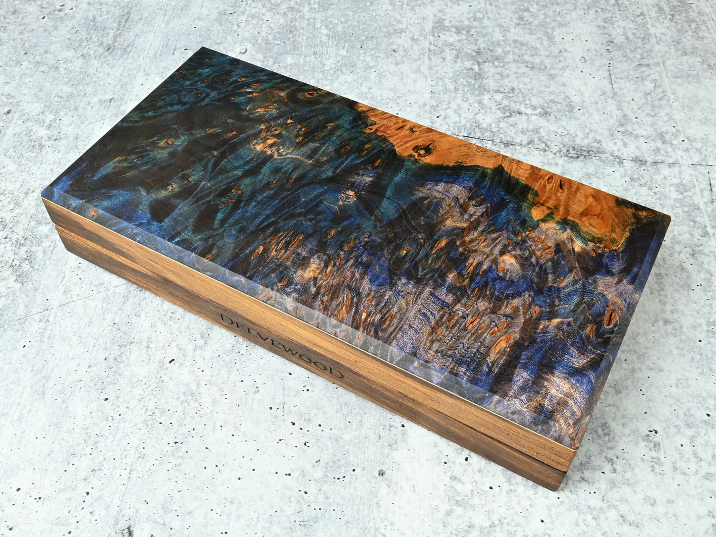 Delver's Kit Dice Box featuring a zebrawood core with a blue and purple dye stabilized maple burl top and maple accent.