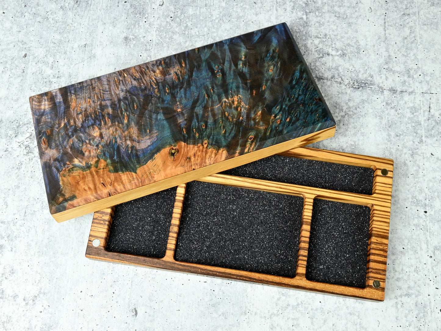 Delver's Kit Dice Box featuring a zebrawood core with a blue and purple dye stabilized maple burl top and maple accent.
