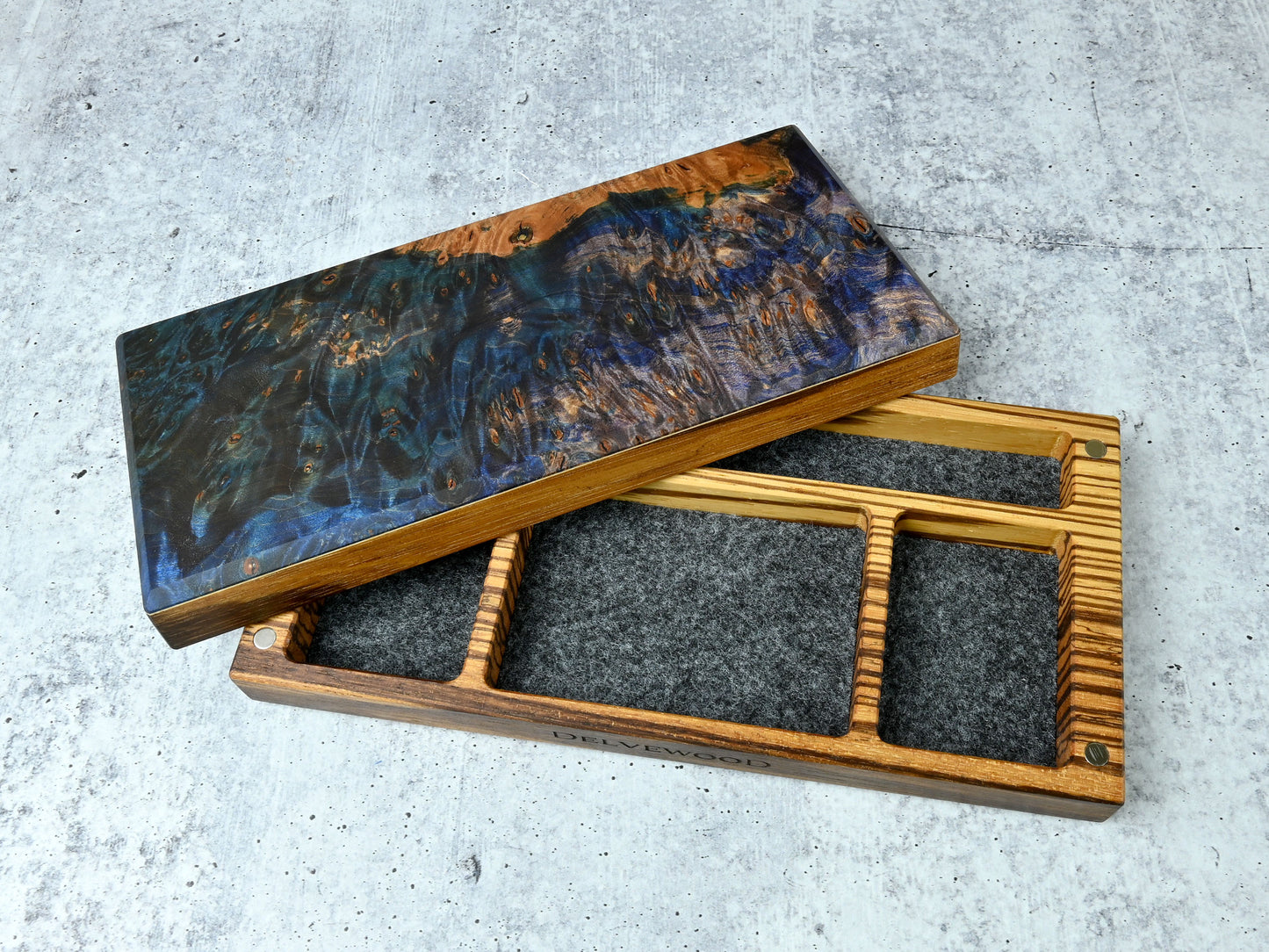 Delver's Kit Dice Box featuring a zebrawood core with a blue and purple dye stabilized maple burl top and maple accent.