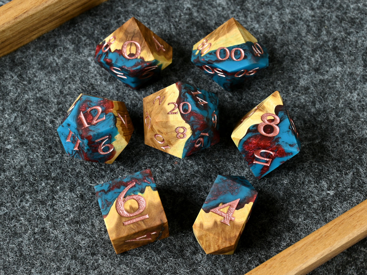 Firethorn blooms brown mallee burl wood and resin hybrid dice set for D&D ttrpg.
